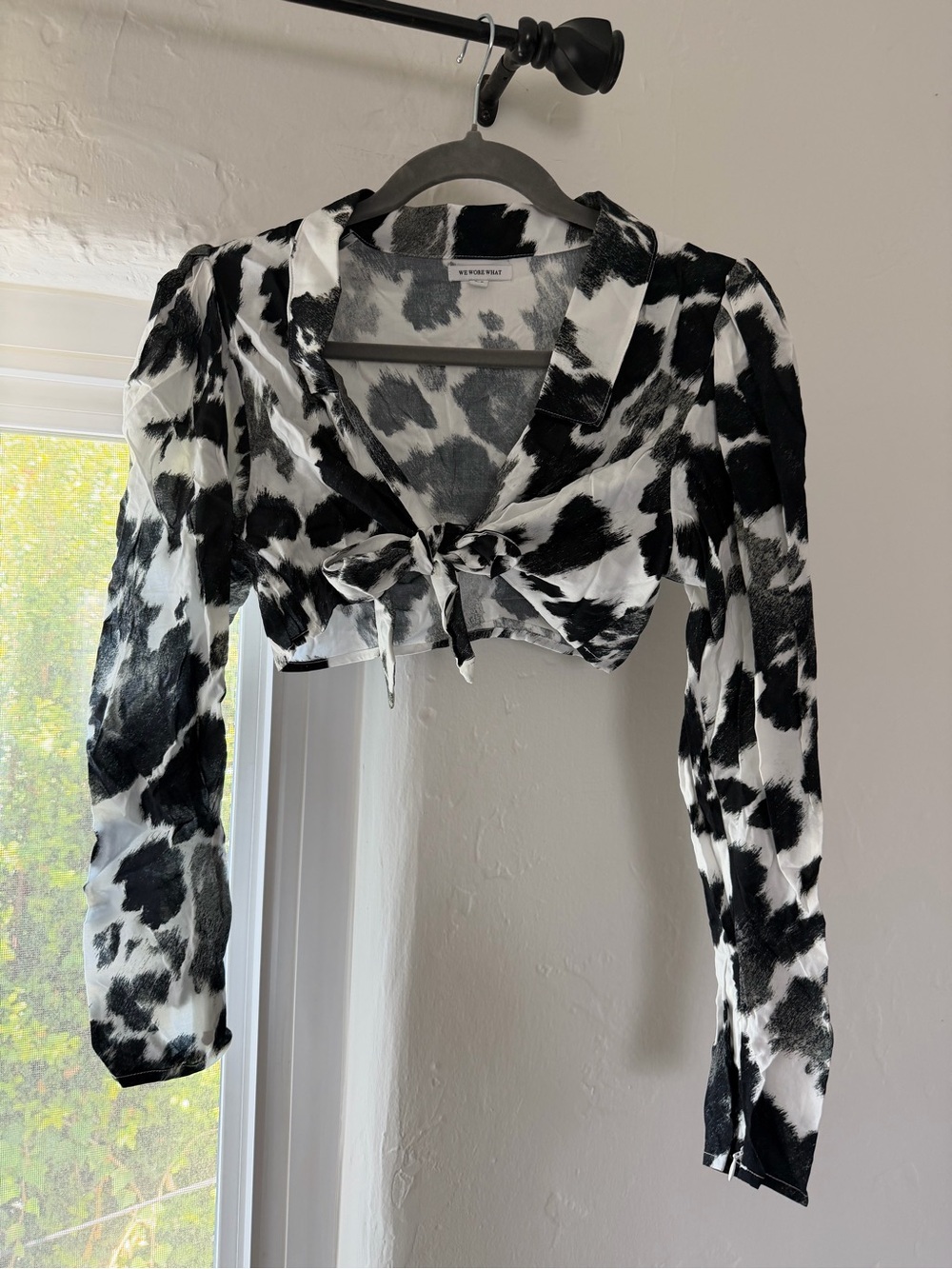 WeWoreWhat Black & White Cow Print Tie-Front Crop Top